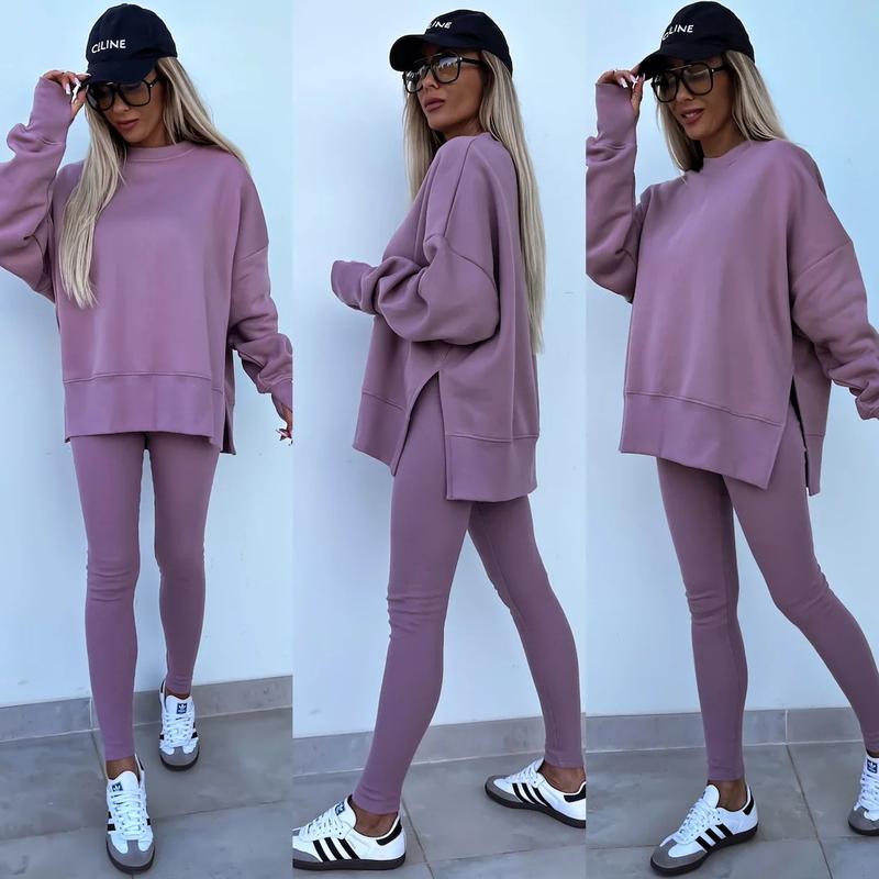 Oversize Two-Piece Set Women's Split Hem Sweatshirt & Skinny Pants, Casual Fashion Cozy Round Neck Long Sleeve Pullover Women's Clothing for Fall & Basic Winter Suits Womenswear Gamis