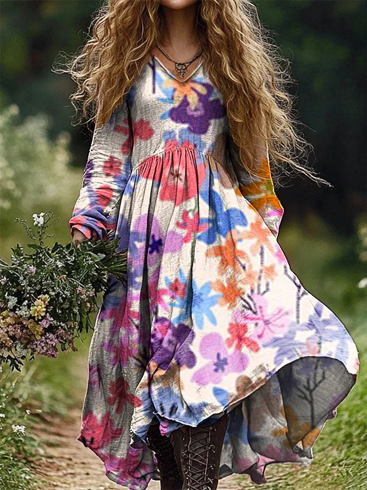 Women's Floral Art Print Pocket Cotton Dress