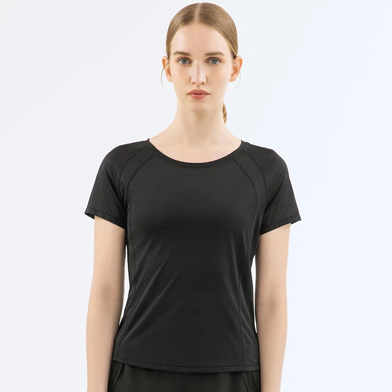 Buy different types of women's short sleeve quick dry breathable comfortable raglan sleeve soft yoga gym t shirt on Hergymclothing black