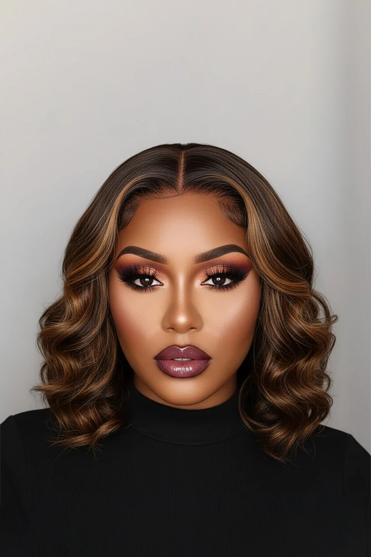 Daily Brown Mid-Length Highlighted Curly Wigs