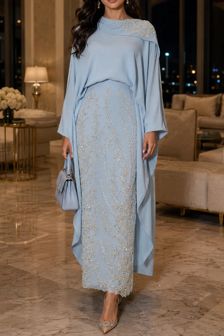 Embroidery Asymmetric Hem Cover-Up Maxi Skirts 2pcs Set-Blue [Pre Order]