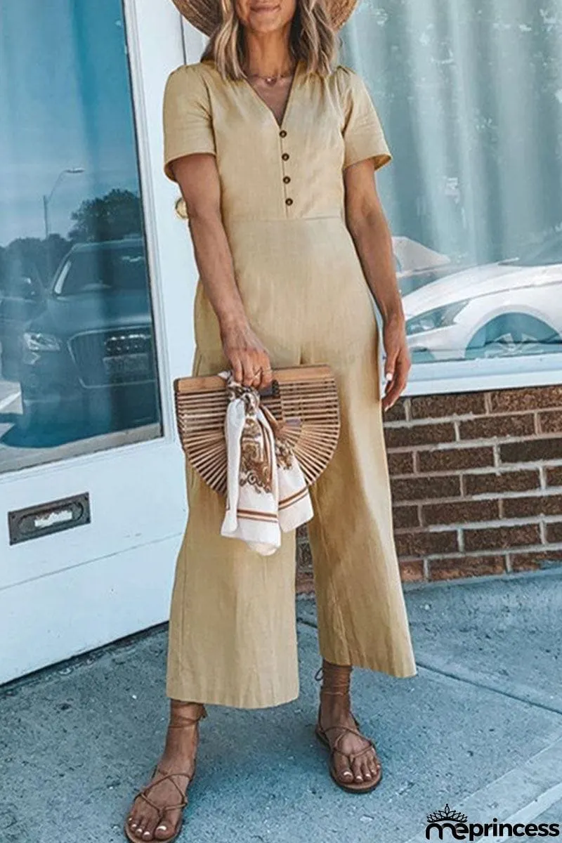 Button V Neck Short Sleeve Jumpsuits