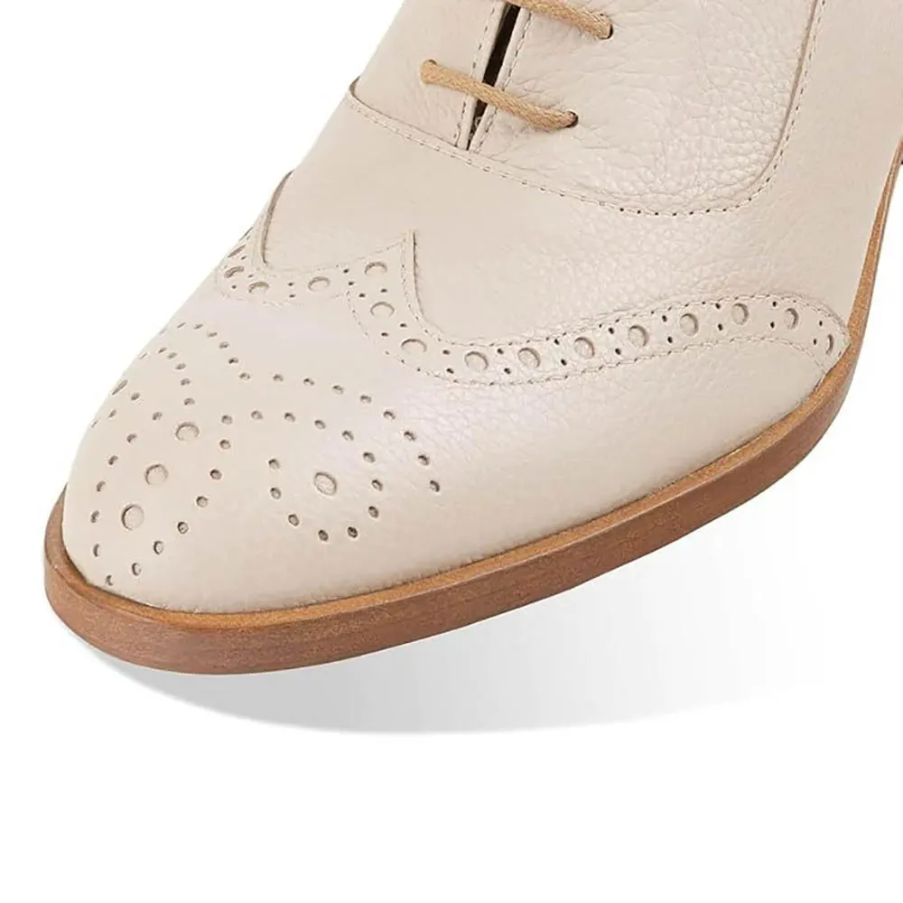 Beige Round Toe Lace-Up Block Heel Vegan Leather Oxford Shoes Women