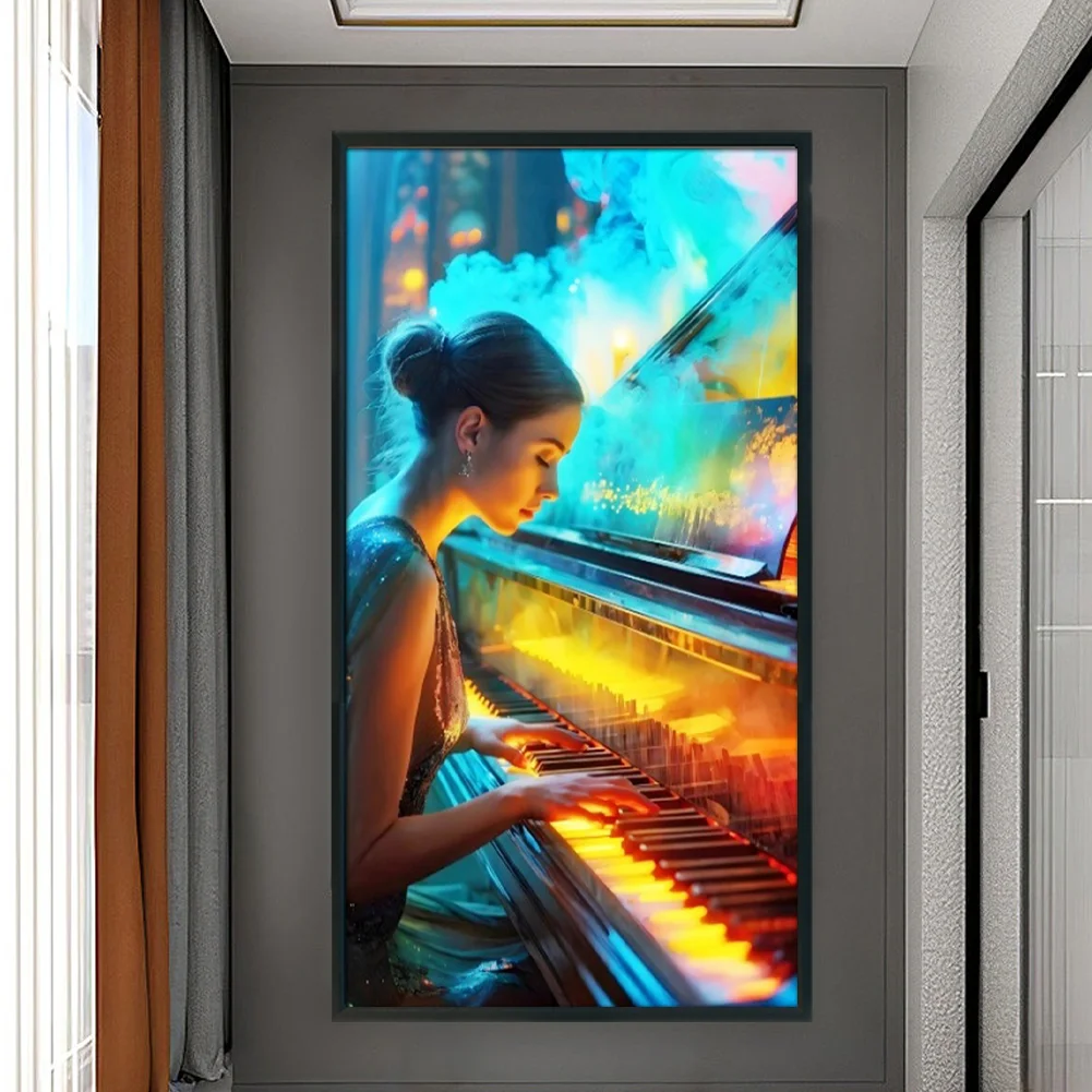 Full Embroidery Eco-cotton Thread 14CT Stamped Cross Stitch - Girl Piano(Canvas|40*70CM)