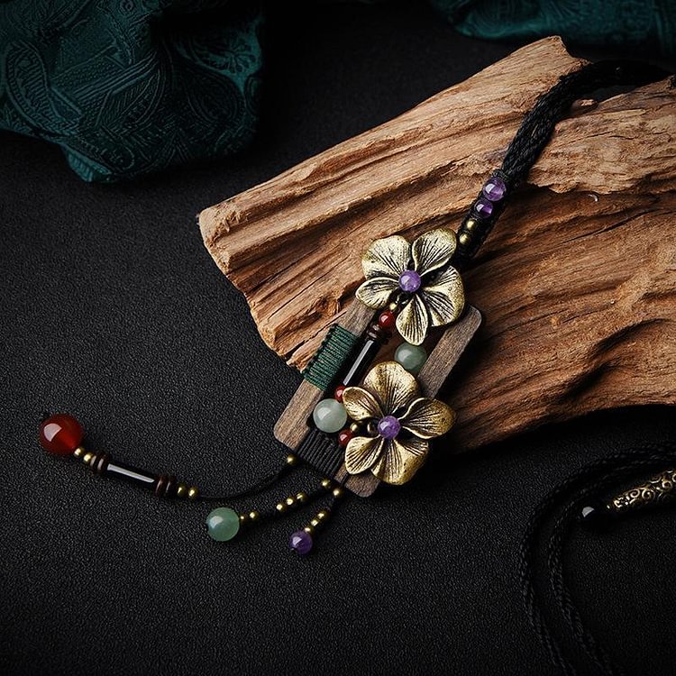 Vintage Wood Shell Flower Long Pendant Necklace