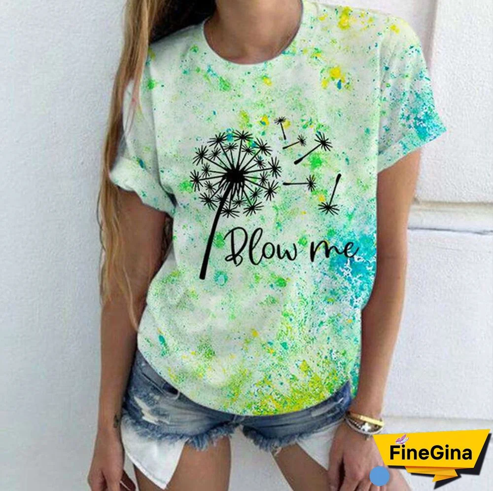 Cute Dandelion Blow Me Printed T-Shirts Women Short Sleeve Funny Round Neck Tee Shirt Casual Summer Tops