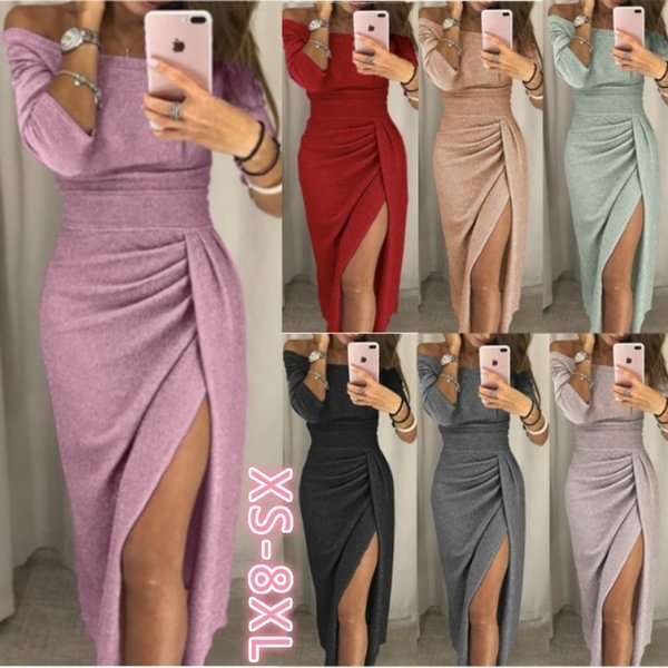 Women Off Shoulder Party dresses High Slit Bodycon Dress Long Sleeve Fashion Prom Dress Skirt Plus Size XS-8XL - Life is Beautiful for You - SheChoic