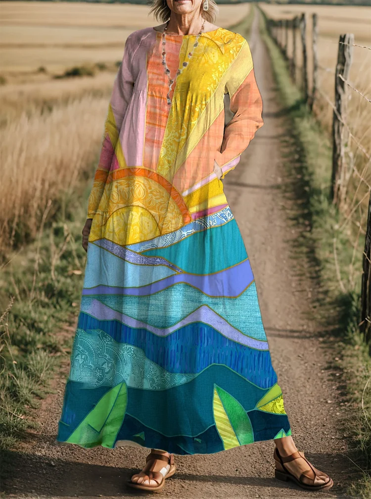 Woman Retro Sunset Landscape Print Casual Dress socialshop