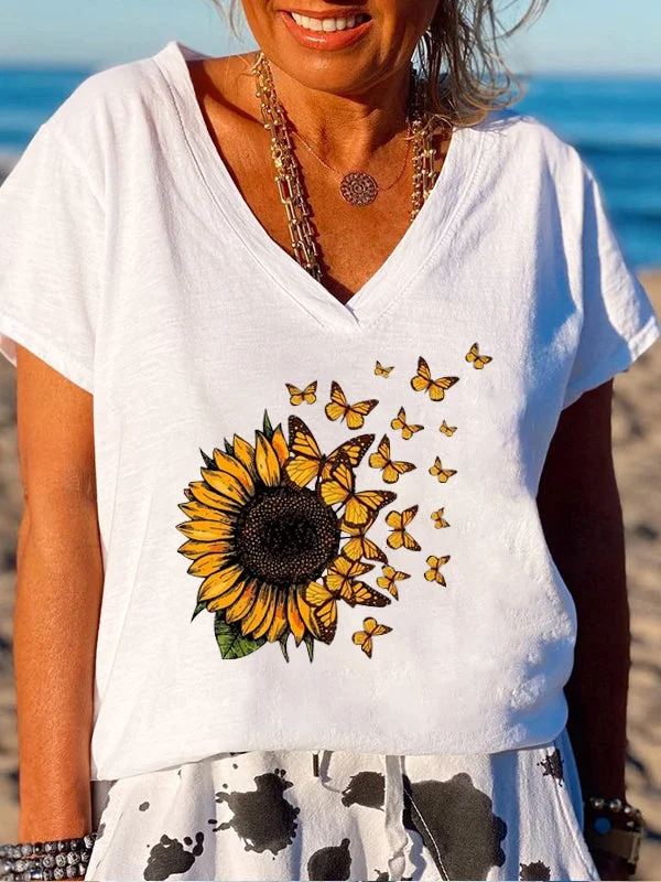 Short Sleeve Loose Sunflower Letter Printed T-shirt