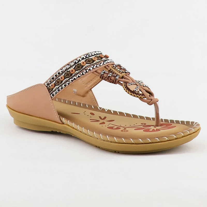 Flat sandals women shoes Flip Flops Sandals Soft Metal decoration Rhinestone ethnic style Elastic band Summer sandals 2021