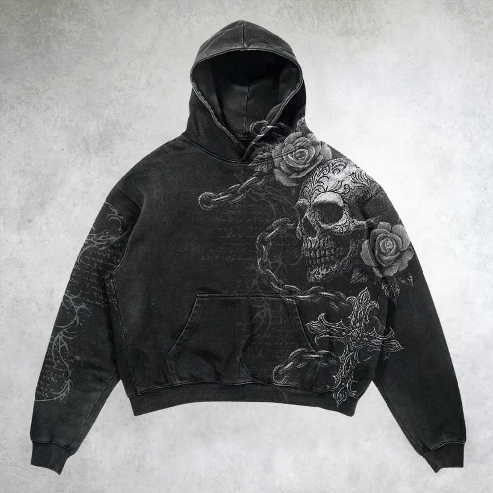 Gothic Skull & Rose Graphic Distressed Hoodie