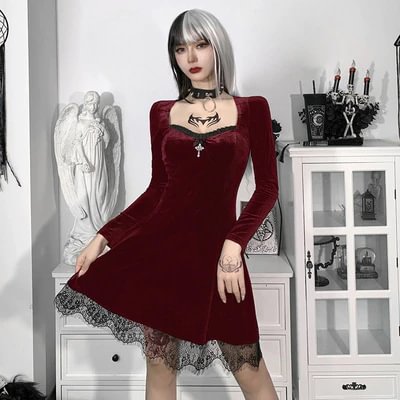 Fongt Dark Vintage Gothic Velour Autumn Dresses For Women Alt Clothes Grunge Long Sleeve Bodycon Partywear Lace Trim A-Line Dress