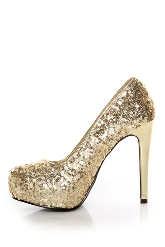 Golden Sparkly Stiletto Heel Pump Shoes for Commuting Vdcoo