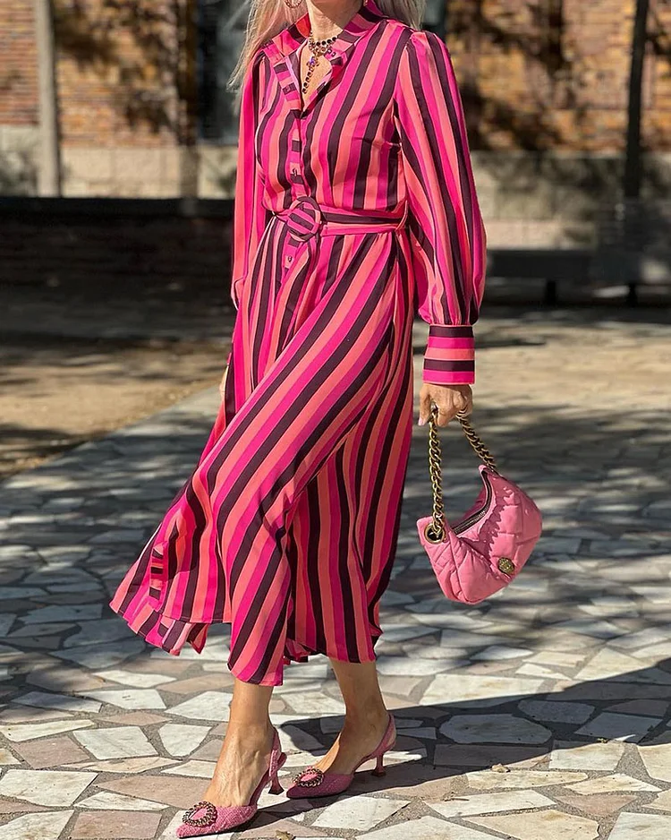 Stylish Pink Striped Button Dress