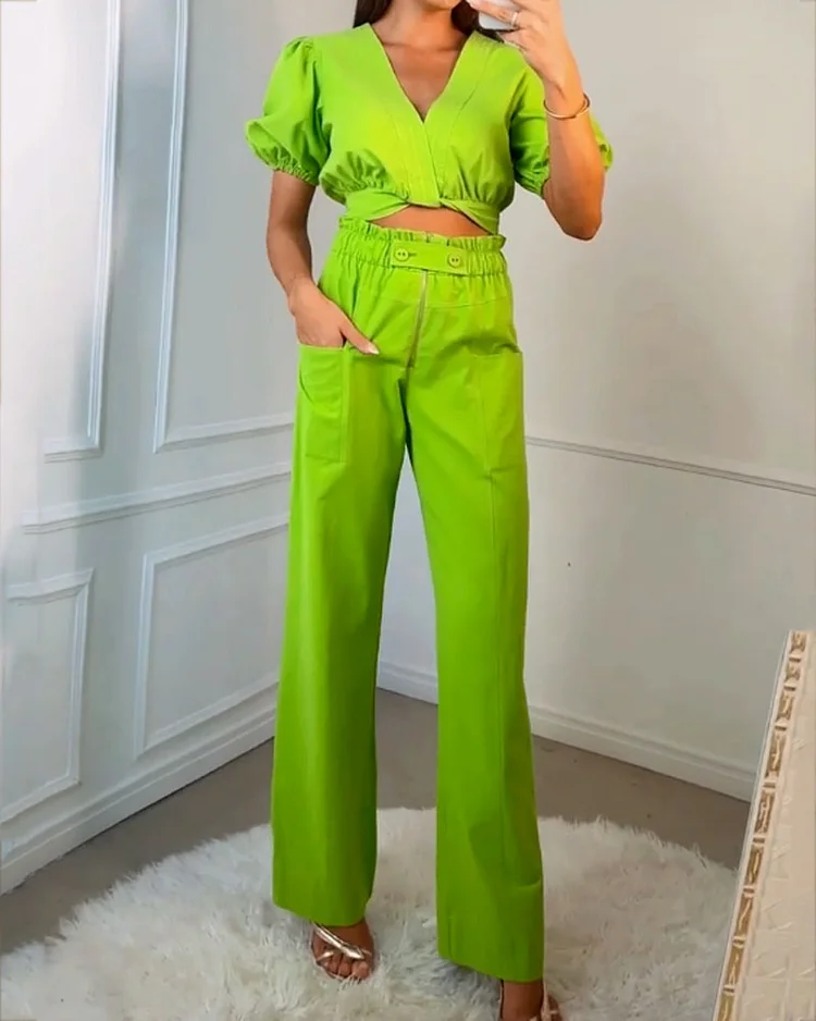 Casual Solid Color V-neck Top & Pants Two-piece Set
