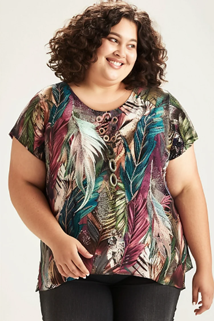 Flycurvy Plus Size Casual V Neck Feathers Print Short Sleeve Blouse  Flycurvy [product_label]