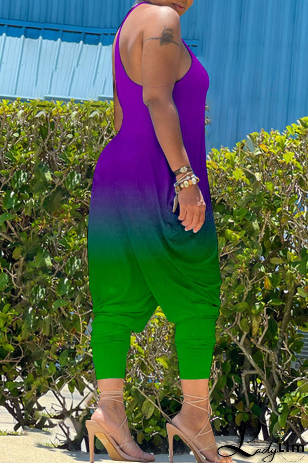 Green Casual Gradual Change Print Patchwork Spaghetti Strap Harlan Jumpsuits