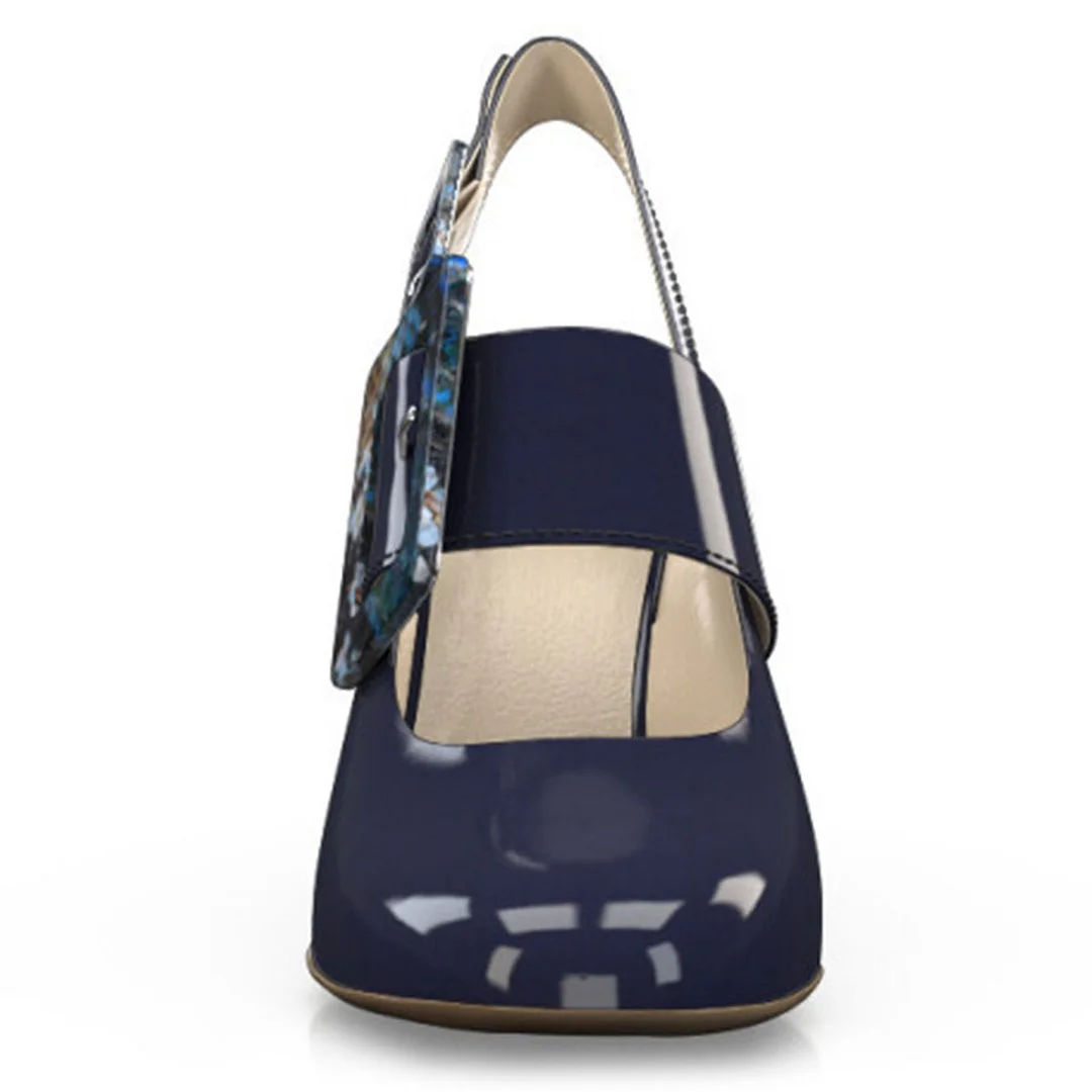 Navy Patent Leather Round Toe Buckle Snakeskin Pumps for Women