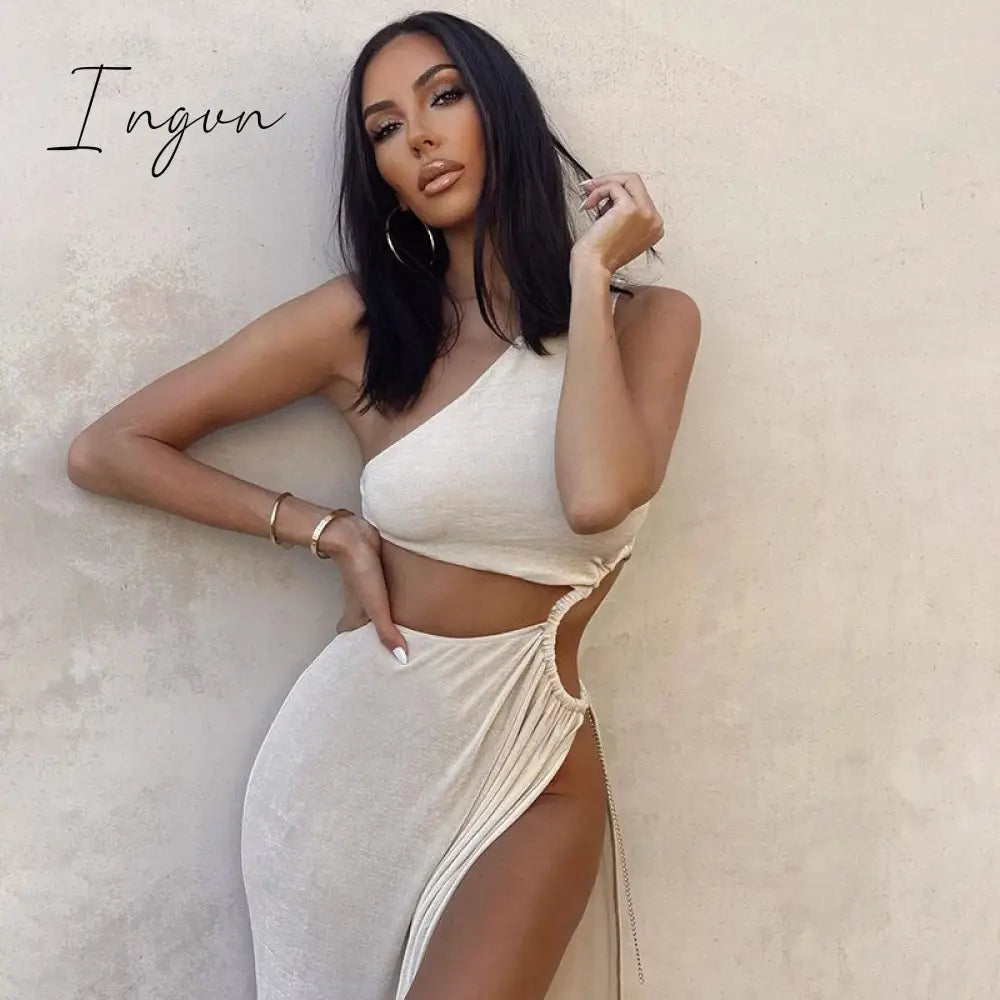 Ingvn - Fashion White Elegant Maxi Dress Summer Women Sexy One Shoulder Split Long Female Cut Out