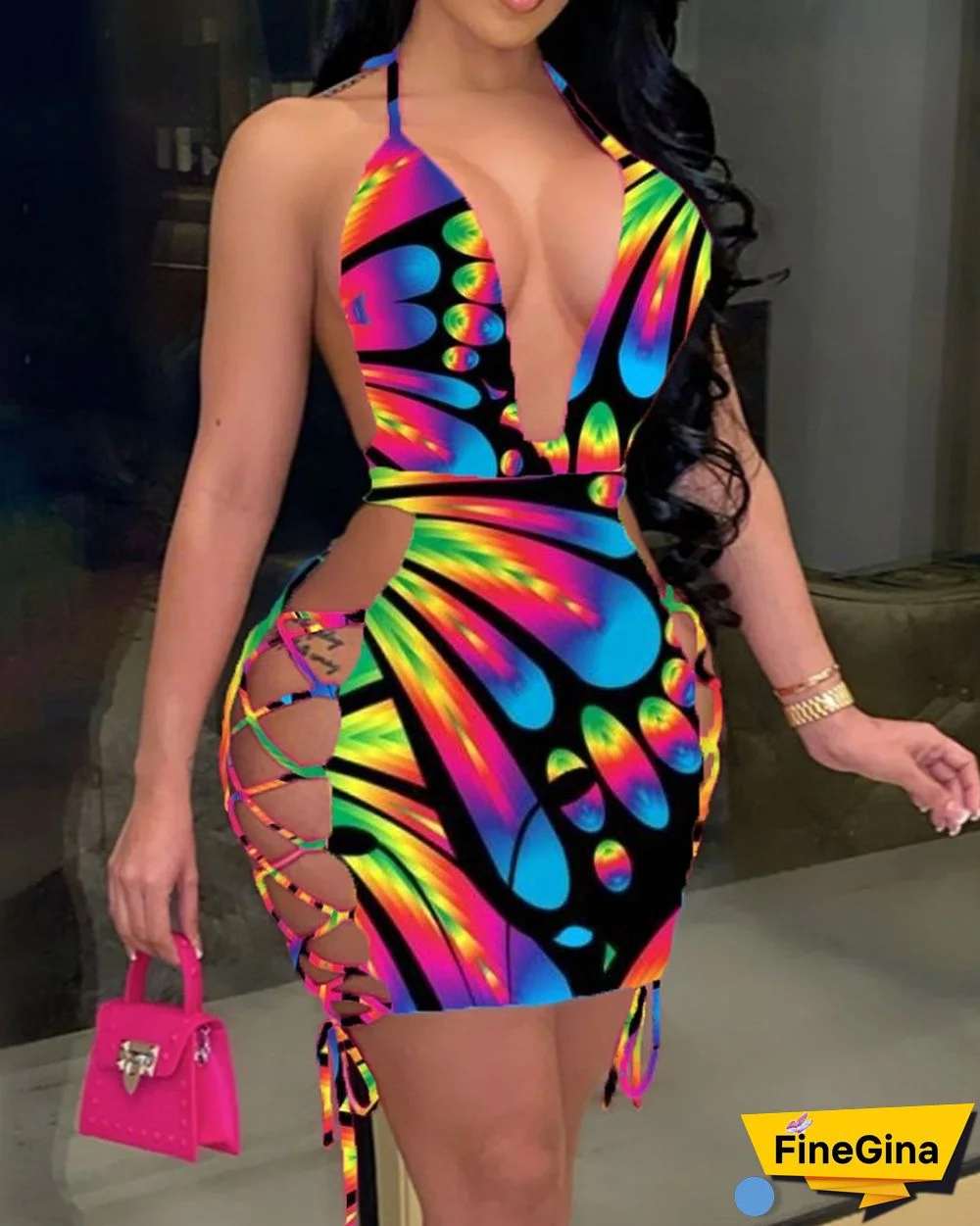 All Over Print Halter Lace-up Bodycon Dress