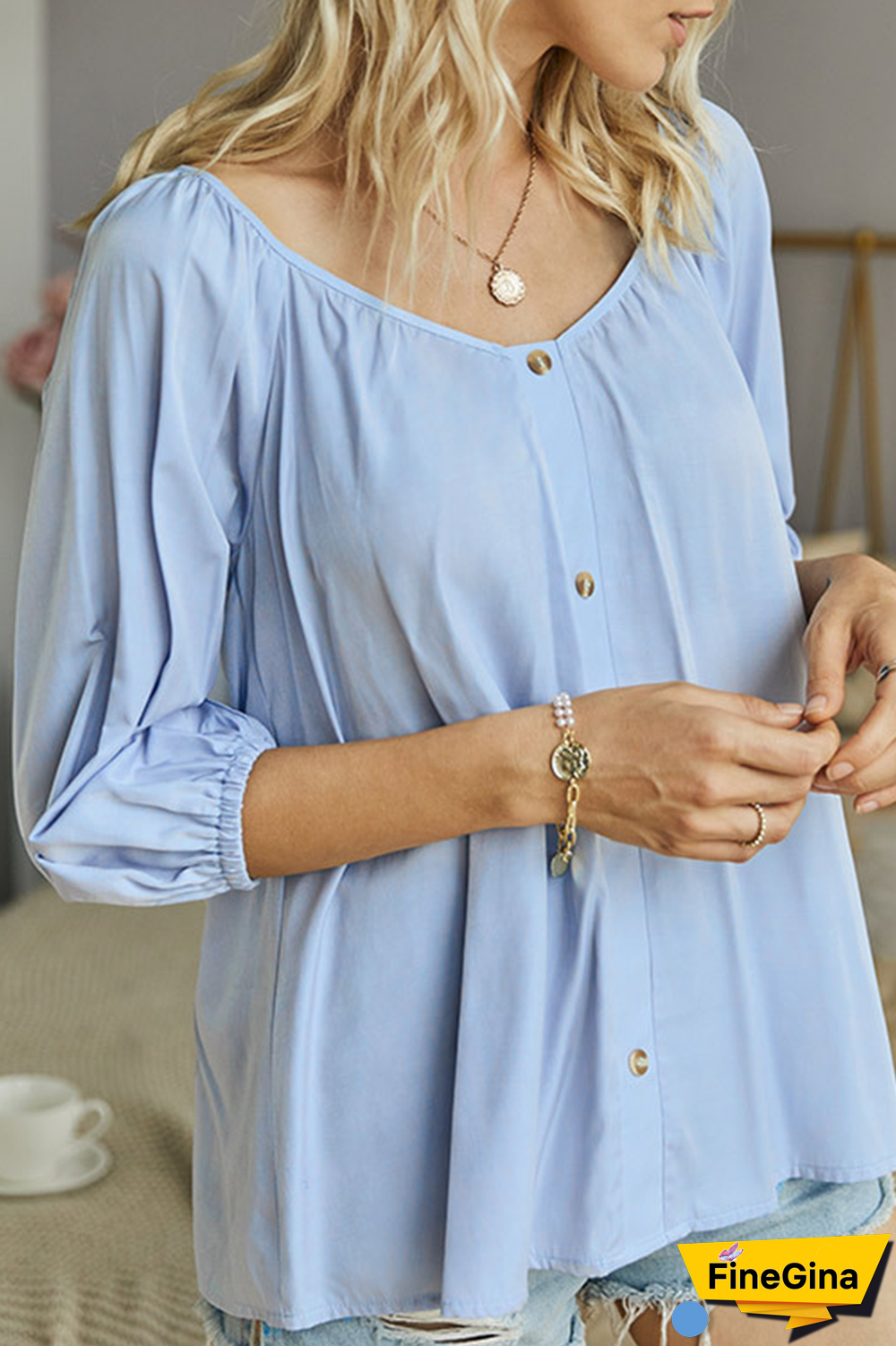 Elegant Solid Buckle V Neck Tops
