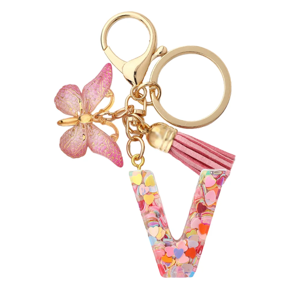 Resin Initial Letter Keychains Alphabet Letter Keychain Pink Tassel Butterfly Key Ring