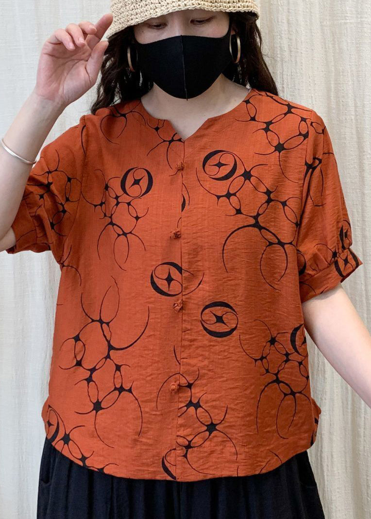 VCSHOES Orange Oversized Print Linen Shirt Tops Summer