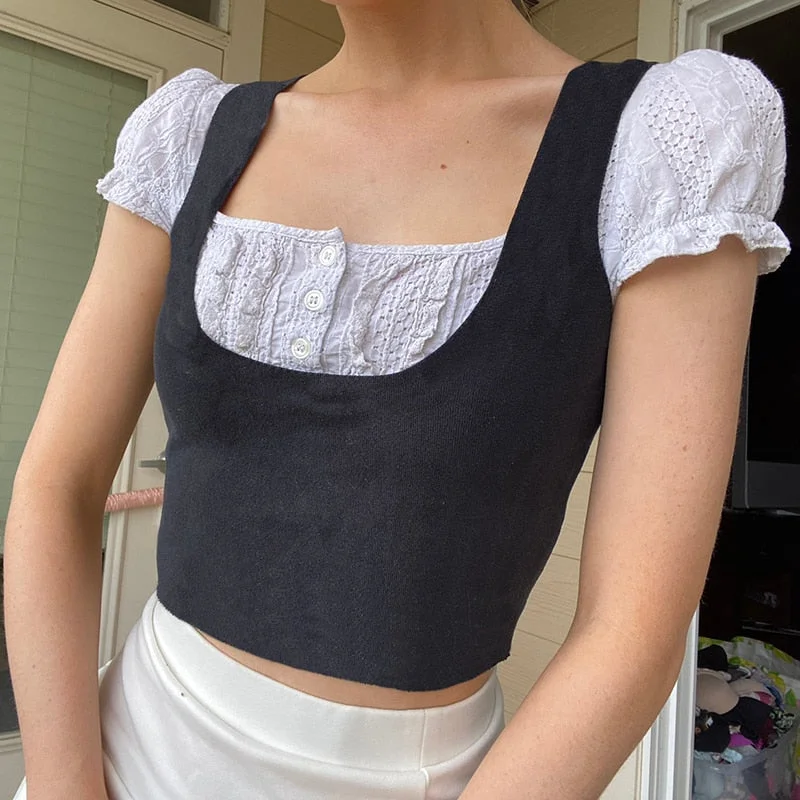 Rapcopter y2k Trim Button Crop Top Short Sleeve Knitted T Shirt Prepply Cute Square Collar Pullovers Women Summer Korean Tee 90s