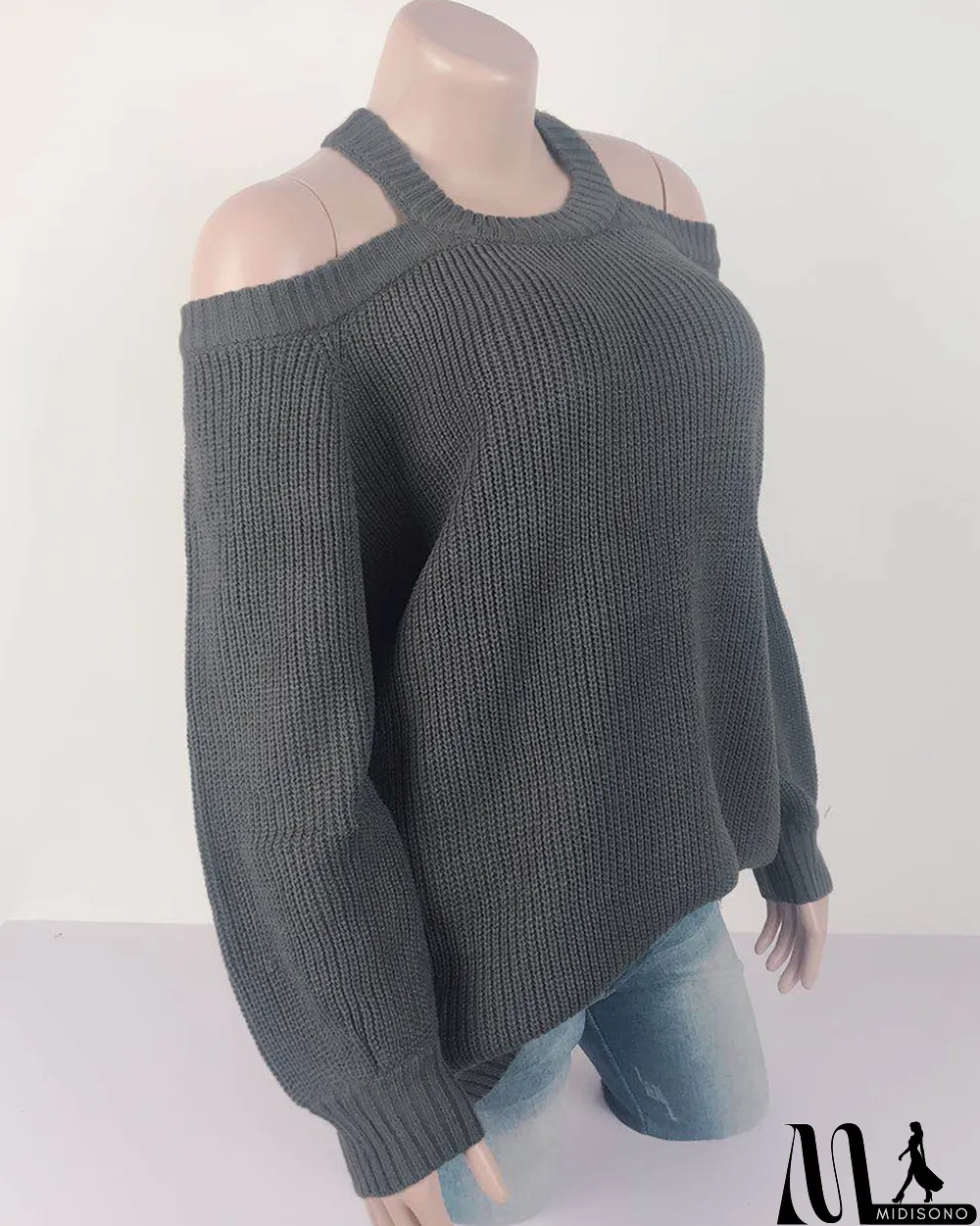 MidiSono - Spring Solid Cut Out Shoulder Halter Sweaters