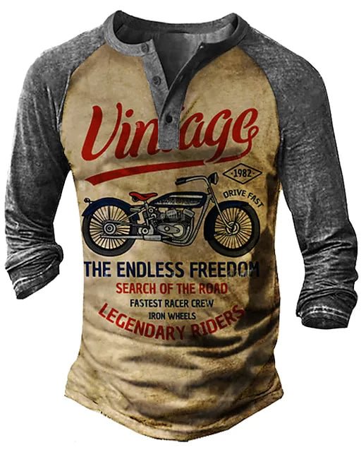 Men's T-Shirt 3D Pattern Color Block Motorcycle Daily Sports Patchwork Button Long Sleeve Top