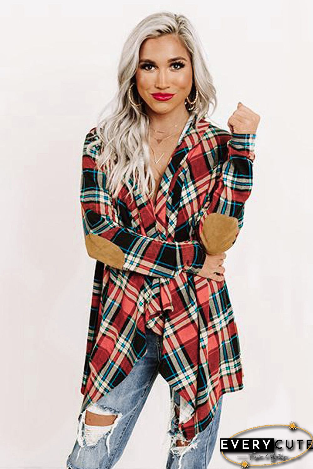 Suede Elbow Patch Hooded Plaid Cardigan