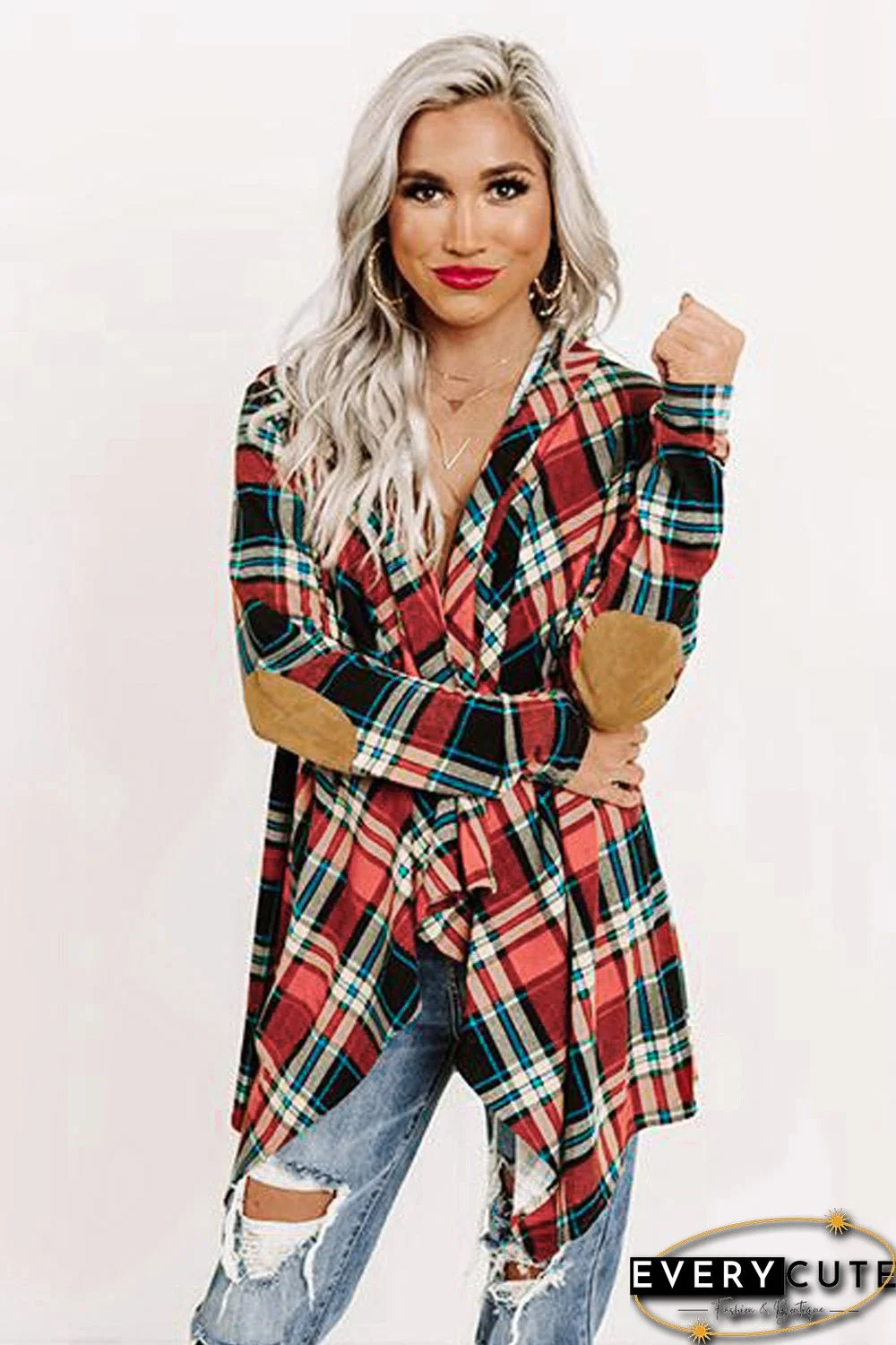 Suede Elbow Patch Hooded Plaid Cardigan
