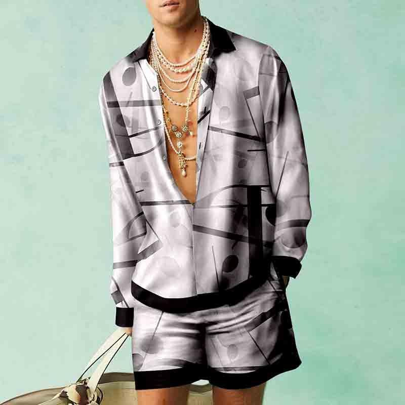 Thoval Fashion 3D Print Two Piece Set Men Long Sleeve Lapel Shirts And Shorts Casual Loose Suits Summer Hawaiian Beach Outfits Male