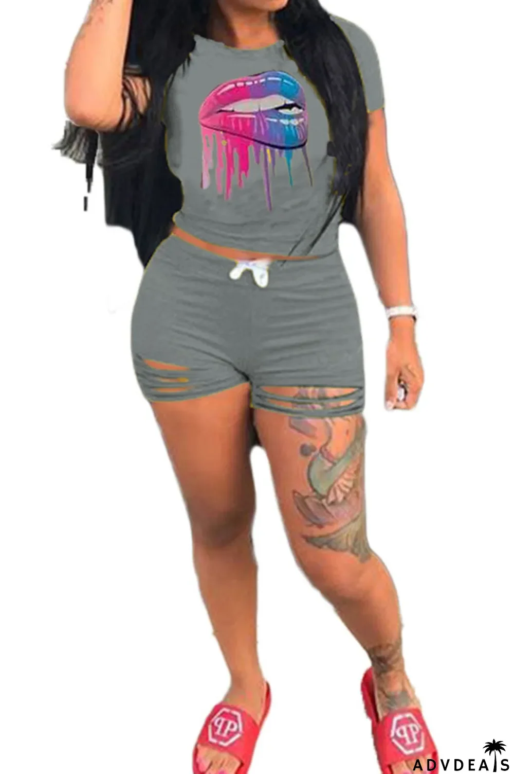 Grey venetian Fashion Active Casual Patchwork Lips Print pencil Short Sleeve Two Pieces