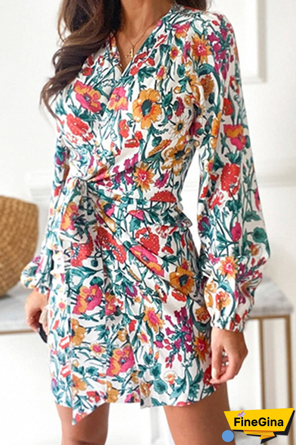 Casual Print Split Joint V Neck Waist Skirt Dresses(4 Colors)