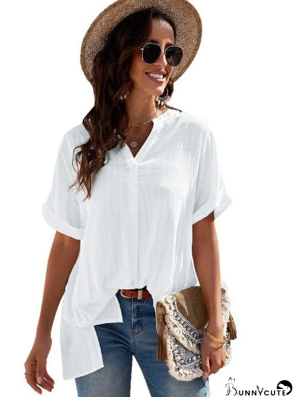 V-Neck Pullover Women'S Loose Cotton Top With Contrasting Elements