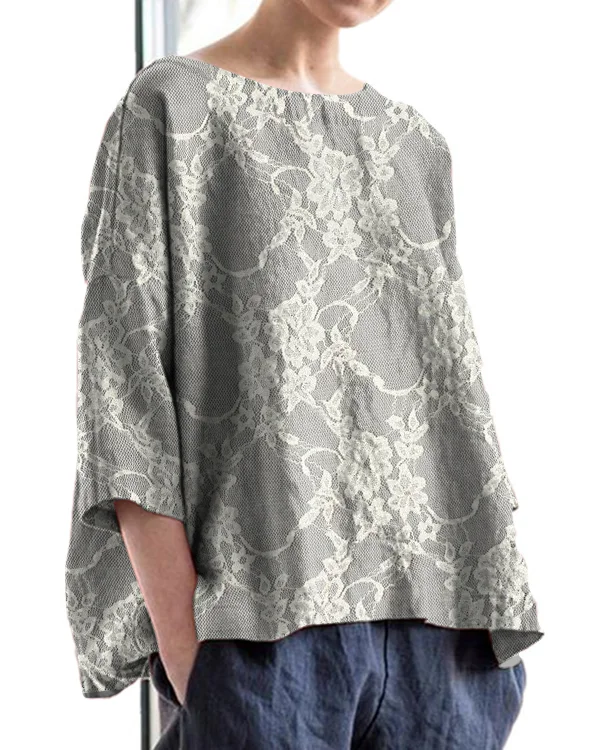 Vintage Floral Lace Embroidery Print Round Neck Linen Loose Top