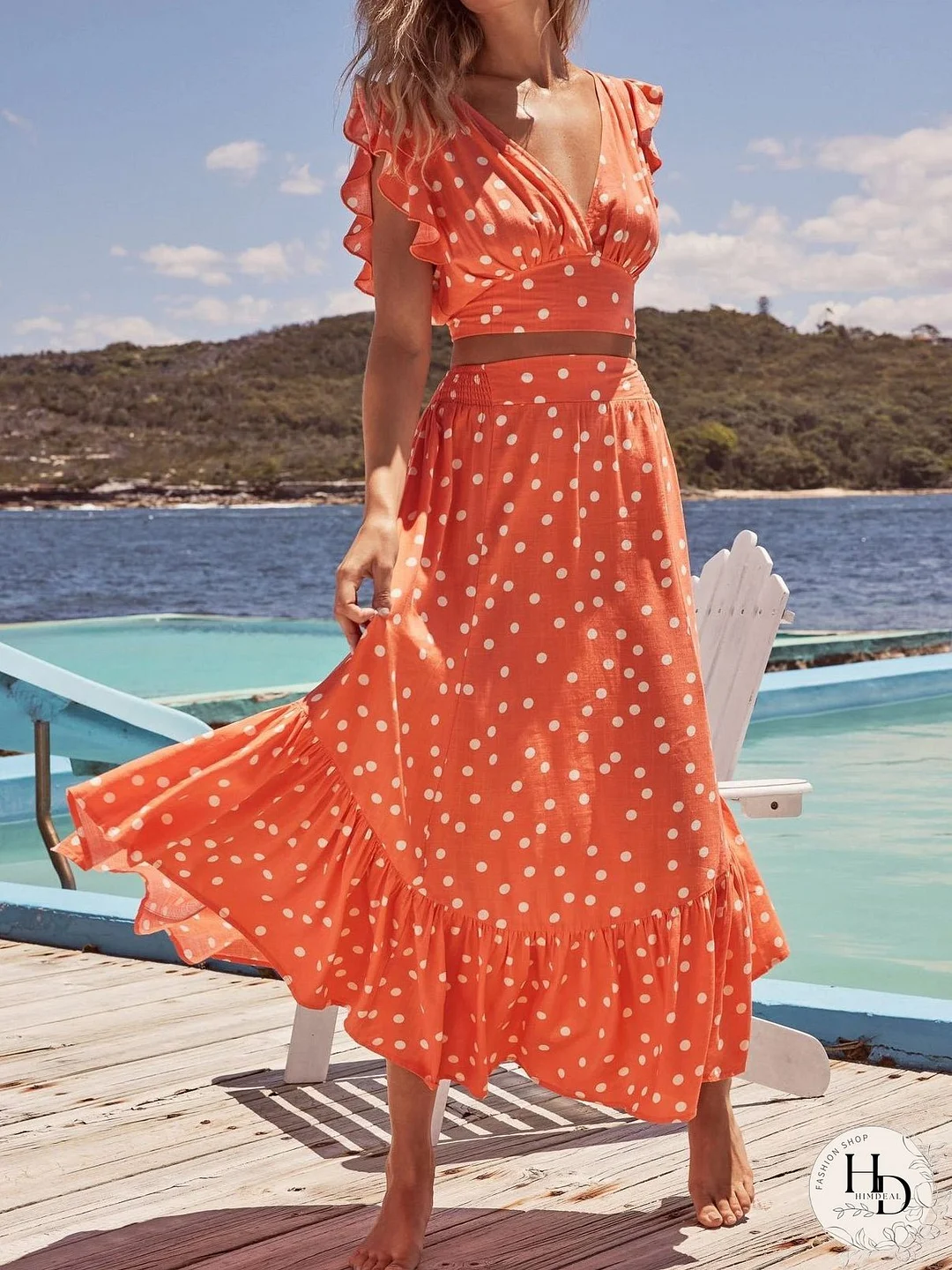 Women's Sets V-Neck Polka Dot Top & Ruffle Skirt Two Piece Set