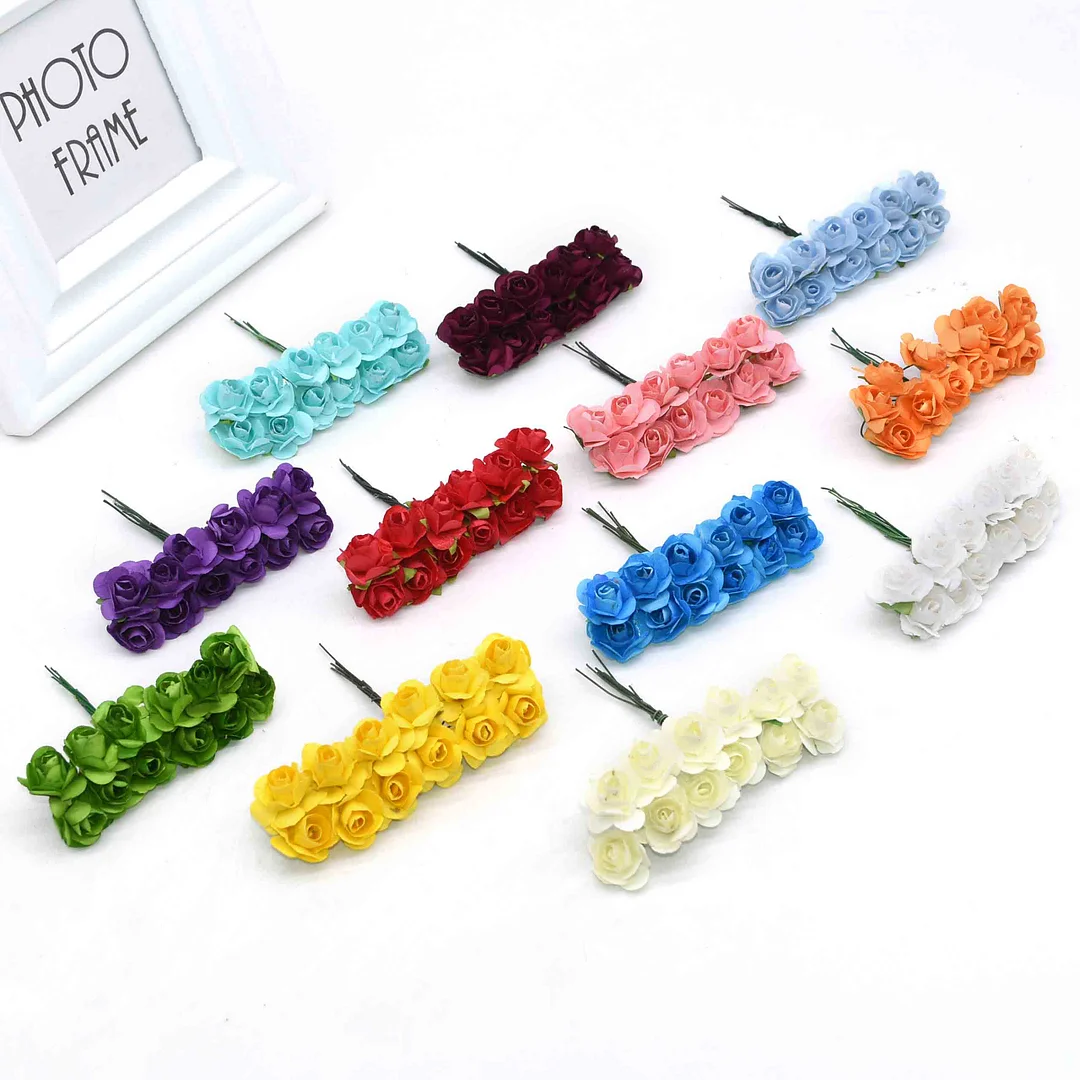 72/144pcs Artificial Flower Mini Cute Paper Rose Handmade For Wedding Decoration DIY Wreath Gift Scrapbooking Craft Fake Flower