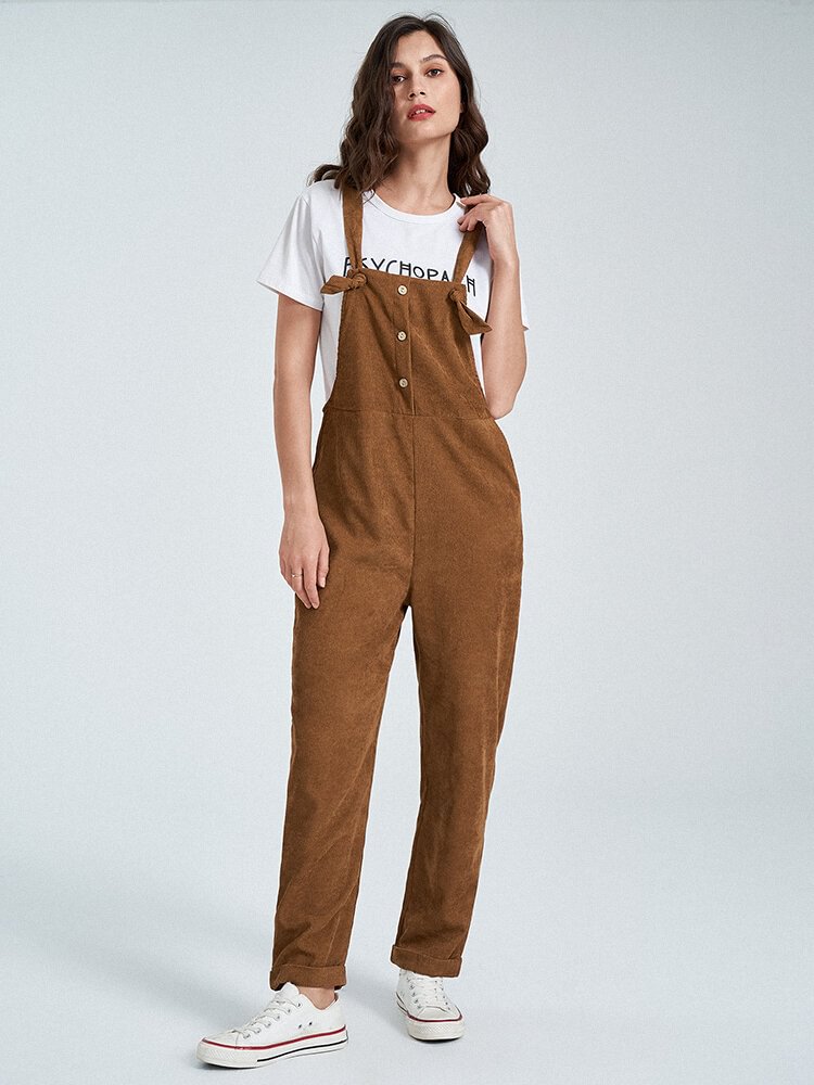 Corduroy Solid Sleeveless Button Pocket Casual Jumpsuit