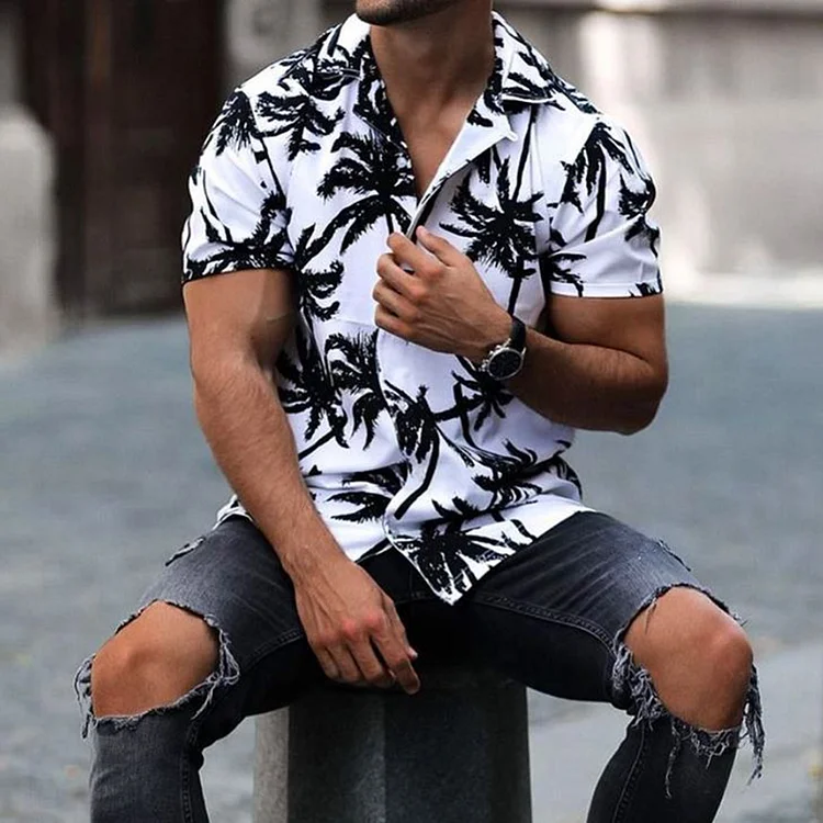 BrosWear Hawaiian Coconut Print Loose Casual Lapel Men's Shirt