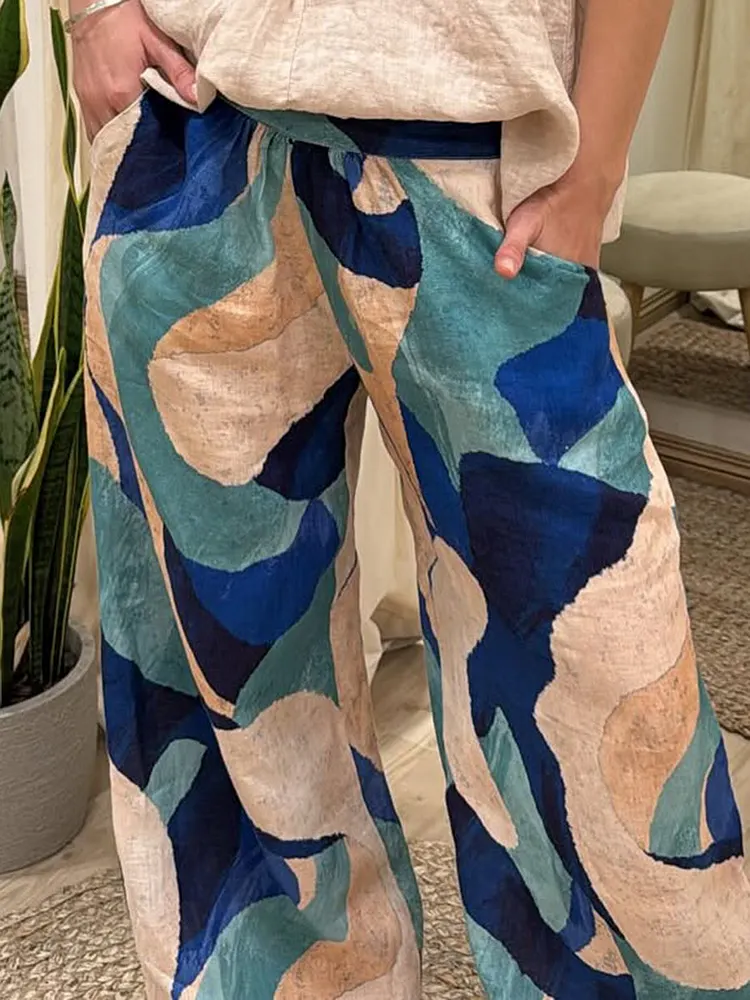 Color Block Print Elastic Waist Linen Trousers