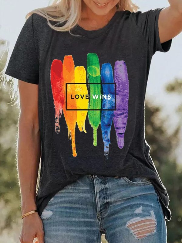 Bright and Colourful Rainbow LOVE WINS Letter Printed V -Neck Tee