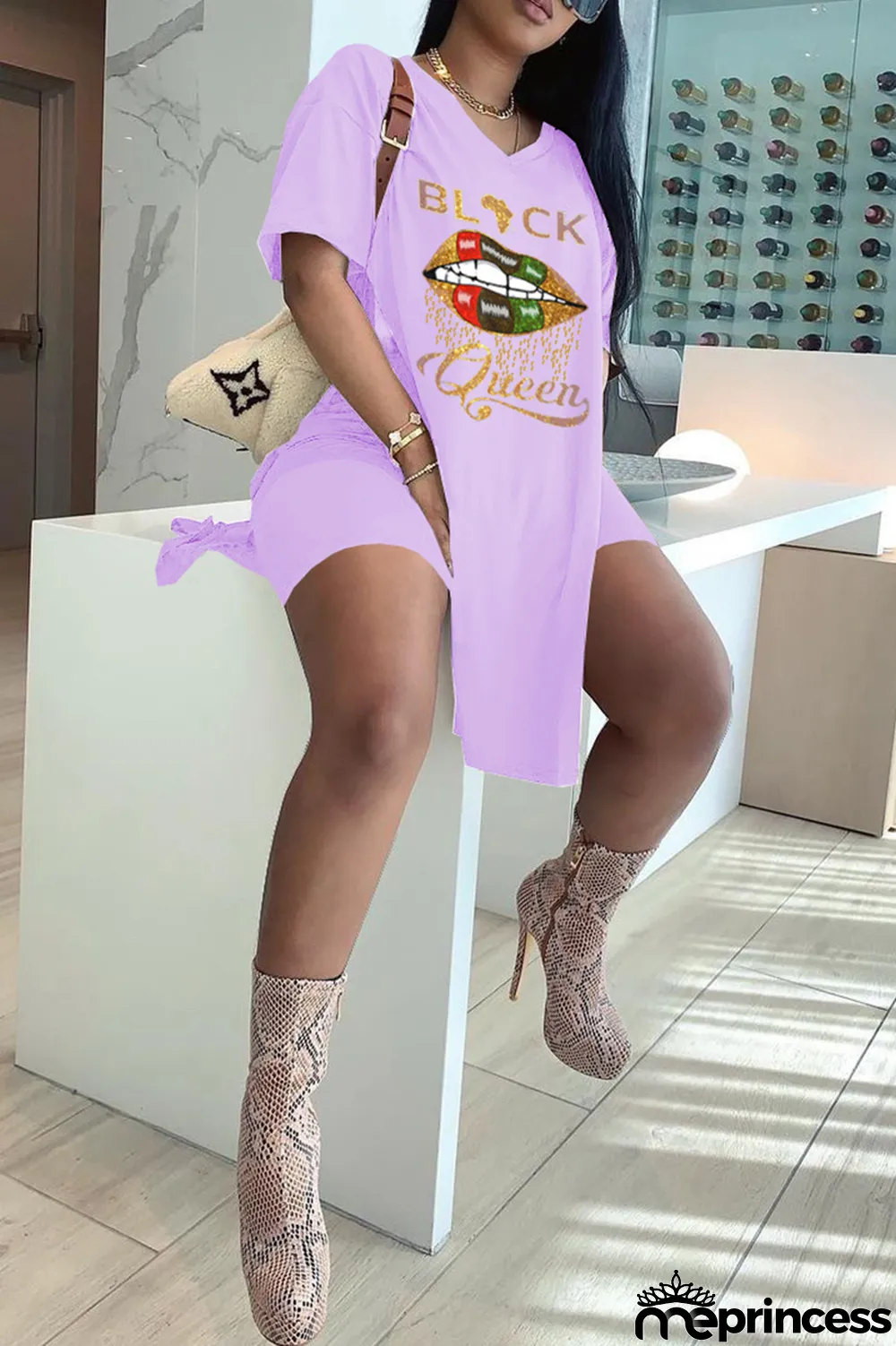 Rose Red Fashion Casual Letter Lips Printed Slit V Neck Two Pieces