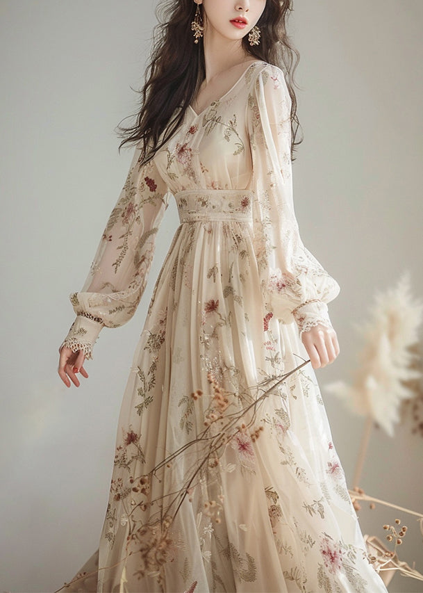 VCSHOES V Neck Print High Waist Chiffon Dress Long Sleeve