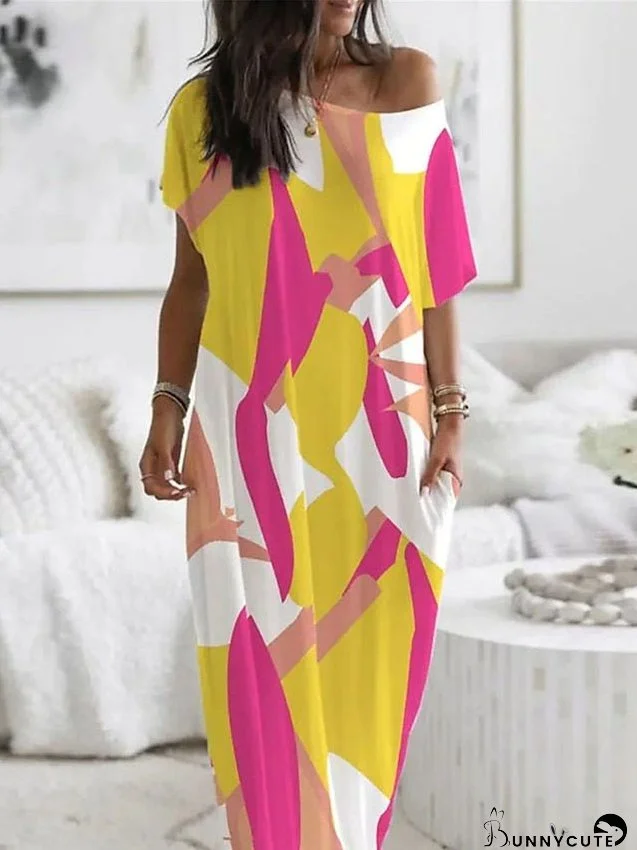 Long Dress Maxi Dress Casual Dress Shift Dress Summer Dress Color Block Casual Modern Daily Holiday Vacation Pocket Loose Short Sleeve Boat Neck Dress Loose Fit Yellow Blue Orange Summer for Women