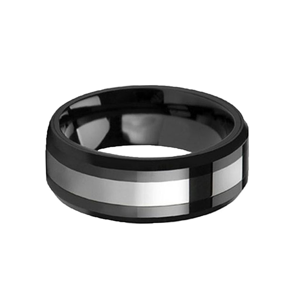 Men Black Tungsten Carbide Rings High Polished Silver Center 8MM Wedding Bands