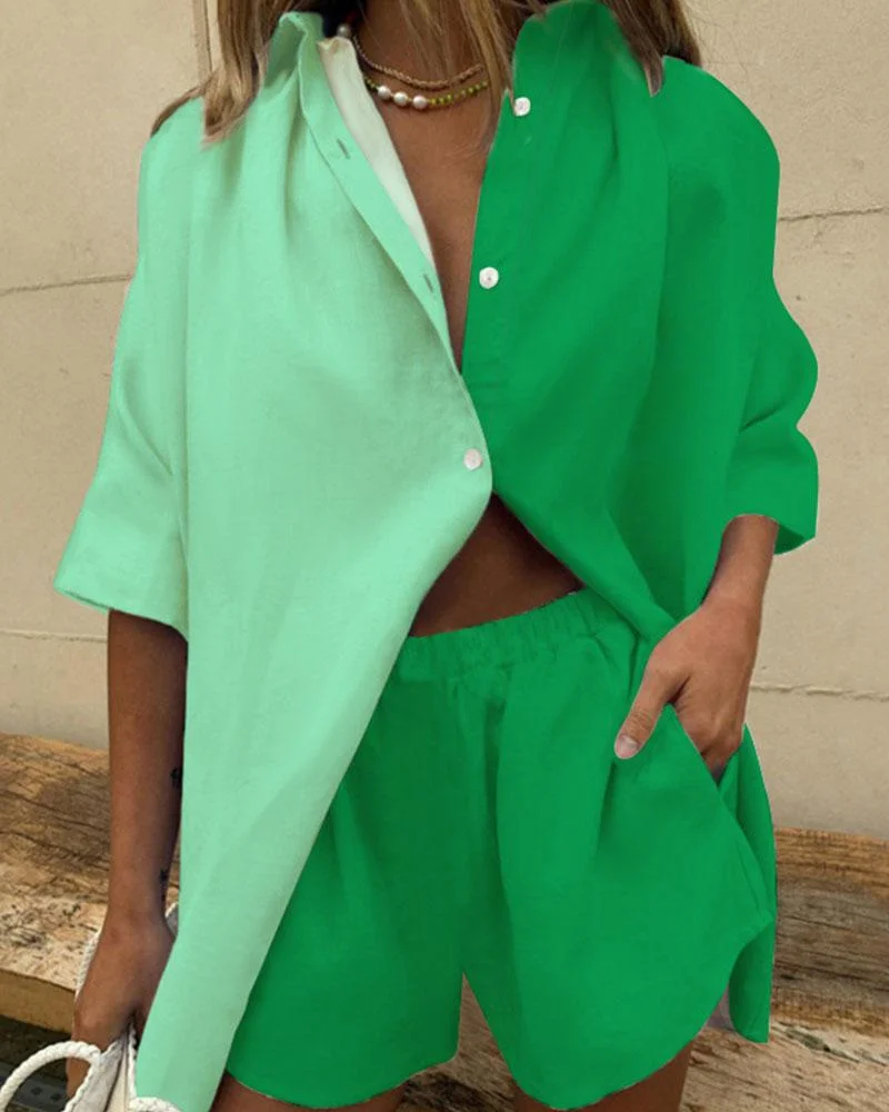 Color Blocked Short Sleeve Shorts Fashion Casual Suit