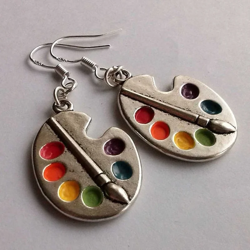 Vintage Metal Hand Engraved Palette Earrings Fashion Artist Women Hook Drop Earrings