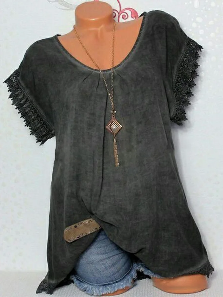 Casual V Neck Lace Trim Back Hollowed Blouses